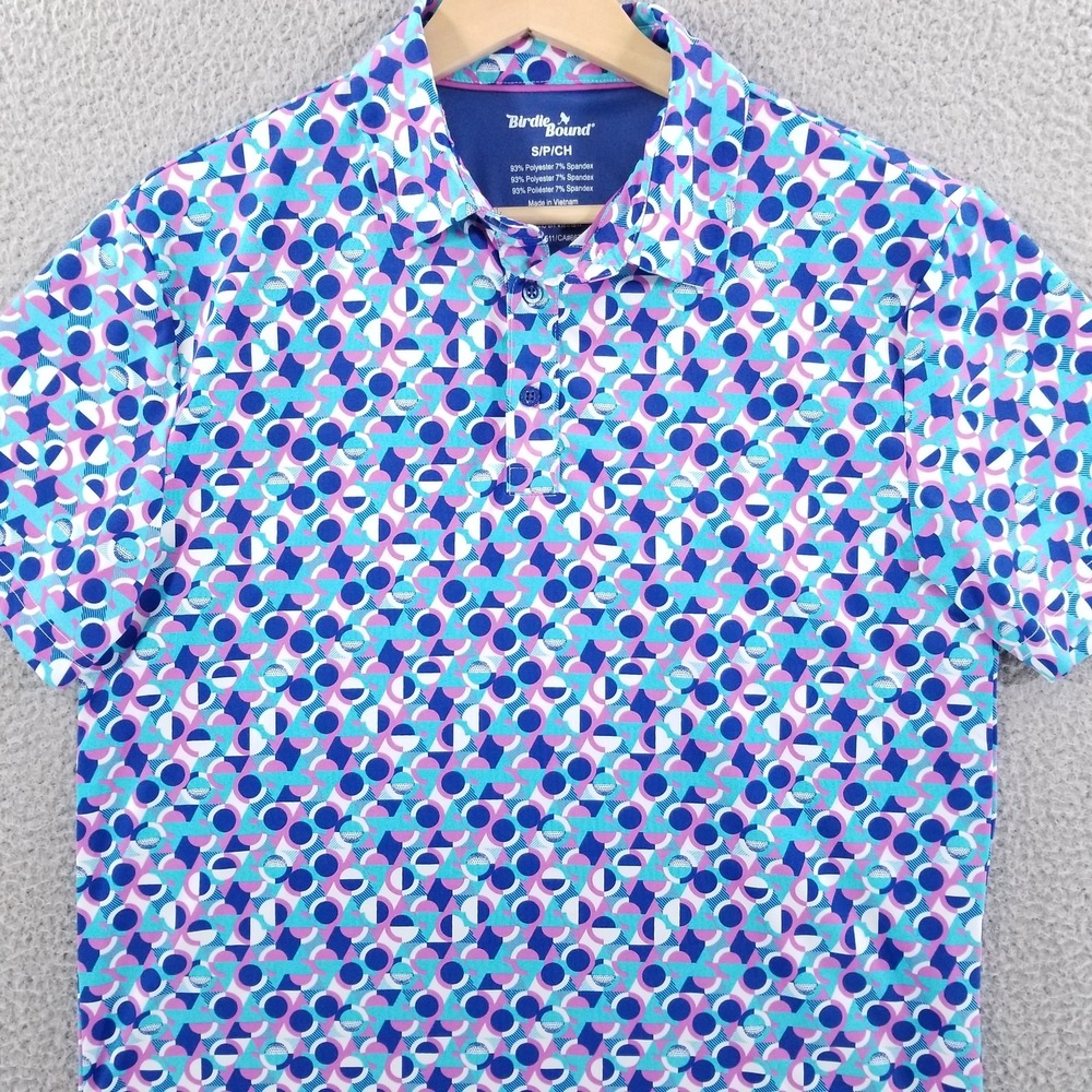 Birdie Bound Shirt Mens Small Blue Geometric Short Sleeve Golf Stretch Button